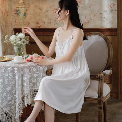 女吊带睡裙夏性感蕾丝公主宫廷睡衣宽松带胸垫莫代尔棉白色家居服