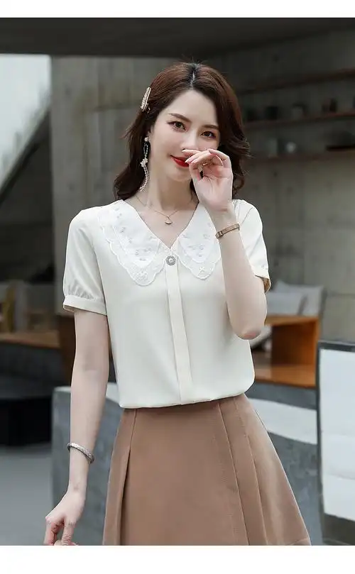 短袖衬衣女2021夏季新款时尚气质休闲花边v领泡泡袖女士衬衫
