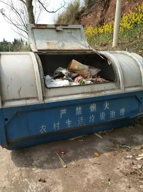 在乡村道路上,摆放着一个个垃圾桶,整条道路干净整洁,以前的垃圾