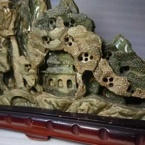 送料无料 一点物 约10kg 巨大 楼阁山水図 楼阁山水雕刻 立体高雕花図