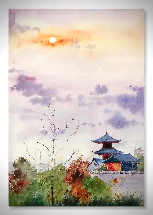 水彩风景 装饰画 江南烟雨