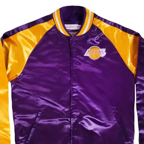 mitchellnessmn湖人队复古立领缎面夹克棒球服潮流外套球队logo