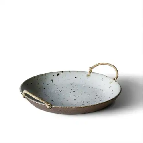 九土景德镇手工粗陶餐具家用日式简约创意陶盘圆形汤碗复古食器陶瓷深