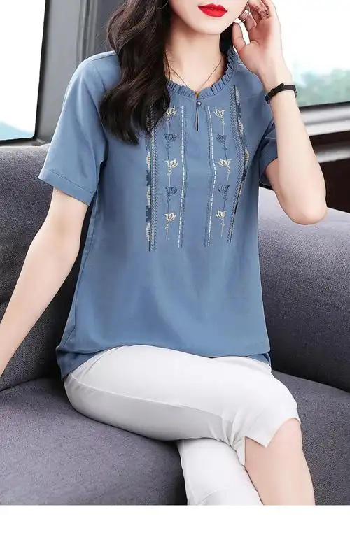 夏短袖女棉麻料棉麻棉女夏季薄款休闲大码妈妈刺绣上衣蓝色m