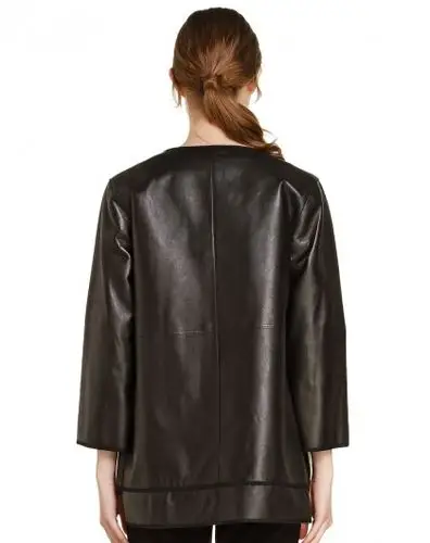 黑啡色时尚简约九分袖皮衣