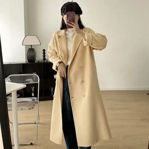 毛呢外套220761严选莉之绮淡黄色双面羊绒大衣女冬双排扣中长款