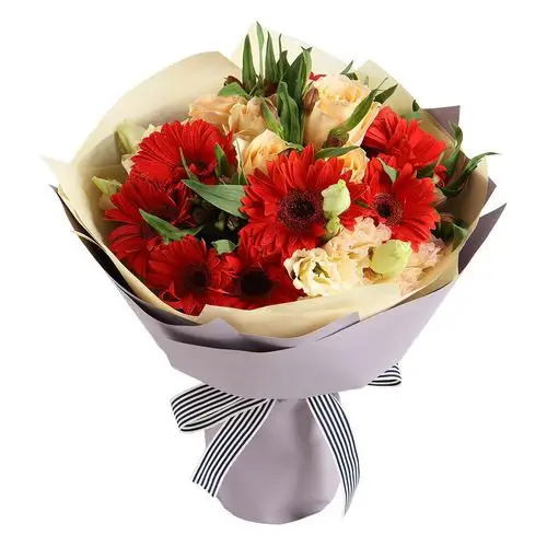 「好心情」红色太阳花10枝,香槟玫瑰5枝鲜花一束送老婆亲爱的爱人女