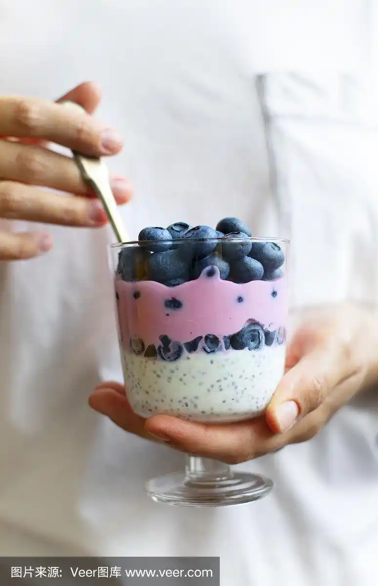 健康早餐布丁,蓝莓,希腊酸奶和天然蓝莓酸奶.健康的食物,素食的概念.