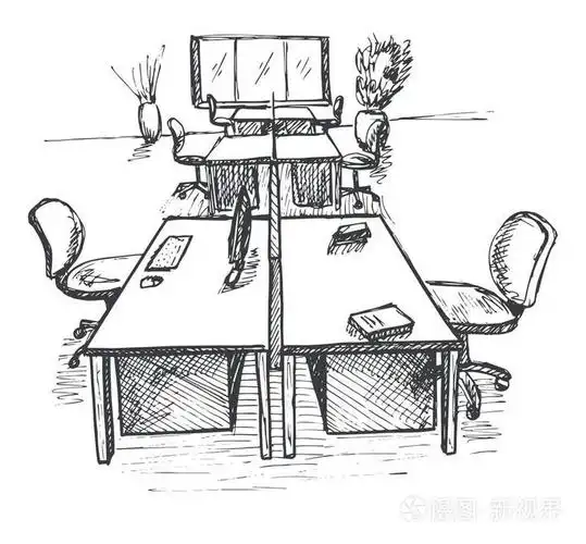 插画 开放空间办公室.工作场所的户外活动.桌子, 椅子和窗.eps