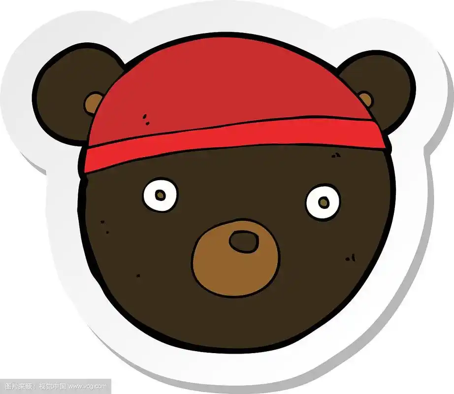 贴纸上的卡通黑熊幼崽戴着帽子