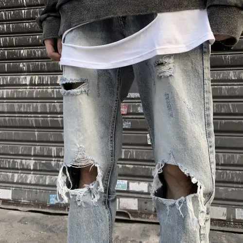 匪帮gofb欧美高街破洞牛仔裤割破流苏乞丐裤街头潮牌裤子比伯同款