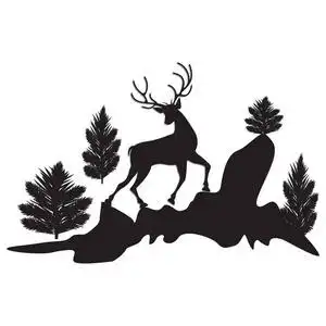 抽象麋鹿剪影运行鹿树悬崖黑白色背景艺术抽象创意现代矢量图上分离