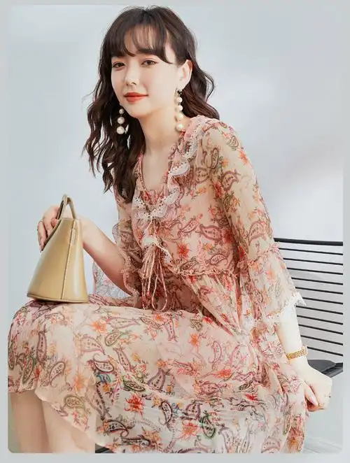 cc2057真丝桑蚕丝裙蕾丝甜美木耳边小碎花系带收腰