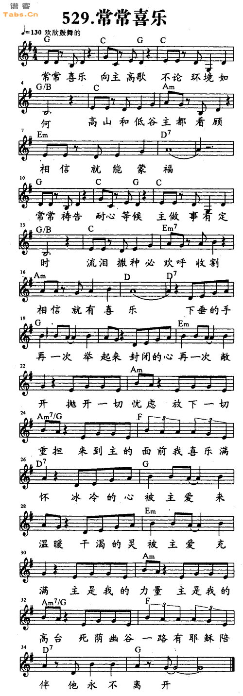 歌曲名称为常常喜乐,歌谱类型为吉他谱