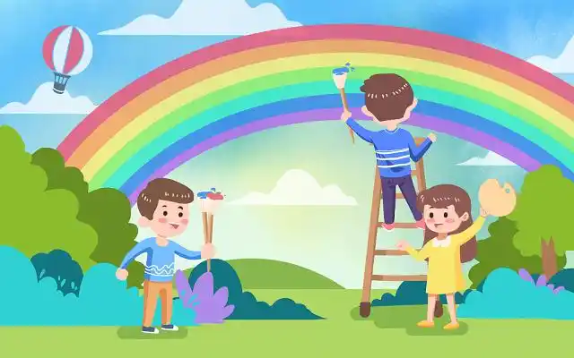 手绘卡通美术培训画彩虹的小画家原创插画海报