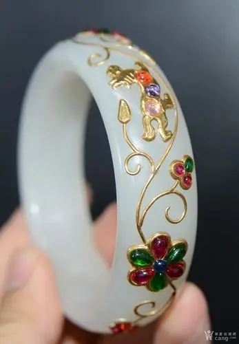 工艺品 玉器 和田白玉嵌银丝鎏金镶宝石手镯
