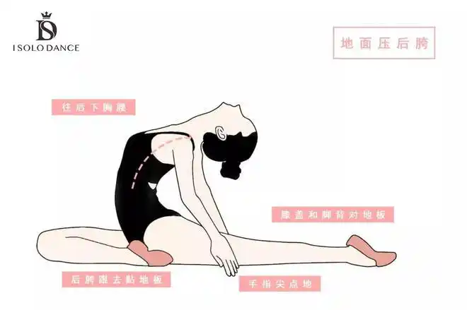 眼睛向上看,手往前延伸,脚背立起来,可以让人帮助压着下面的腿地面压