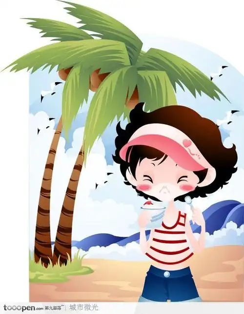 美好童年插画-沙滩上吃冰淇淋的女孩