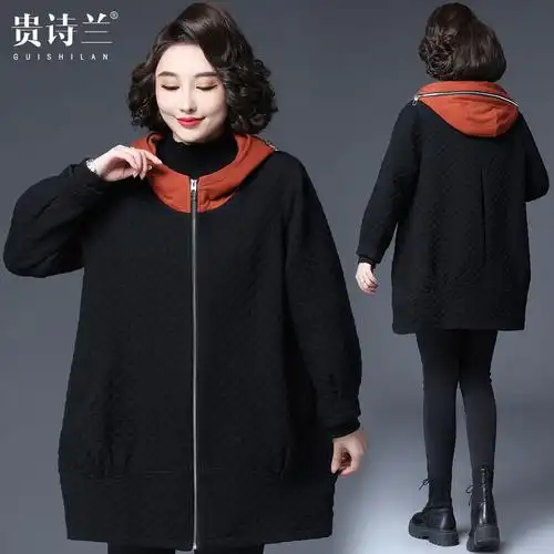 胖妈妈秋装外套中长款遮肉连帽上衣中老年女士加肥加大码休闲风衣