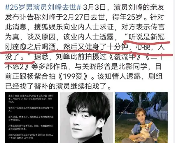 国内年轻男演员刘峰去世