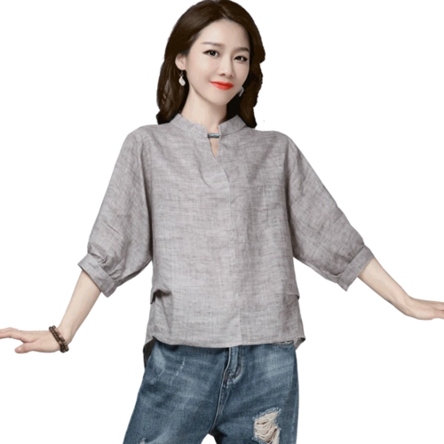 棉麻女2020夏季新款短袖宽松百搭t恤亚麻纯色休闲上衣圆领套头衫