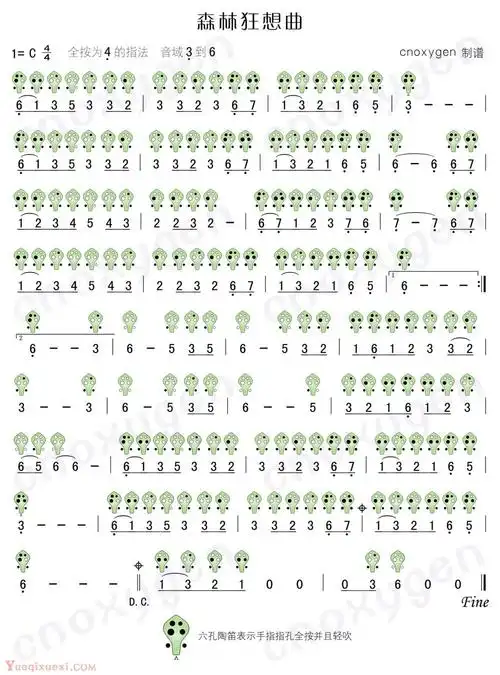 高清精品12孔陶笛曲谱:森林狂想曲 彩谱版 - 乐器教程网