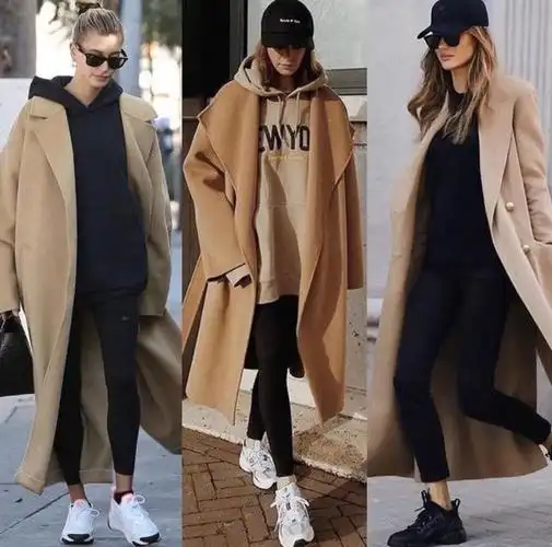 毛呢大衣混搭卫衣,小白鞋!这气质没谁了!