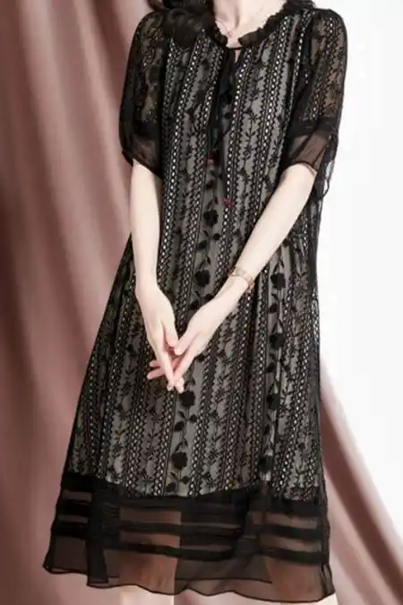 水墨佳人真丝绣花连衣裙,玫瑰时尚刺绣桑蚕丝裙子-度小视