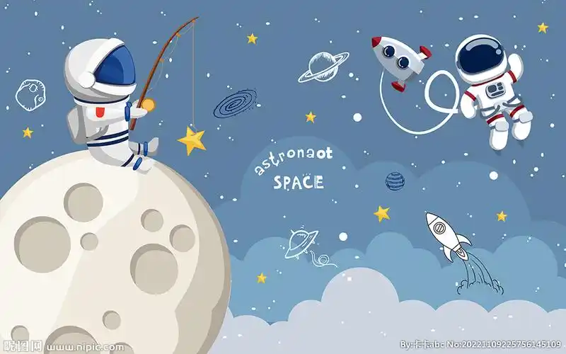 卡通太空宇航员儿童房背景墙