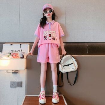 夏季运动polo衫短裤712岁学生女孩衣服玫粉色140码建议身高130140cm