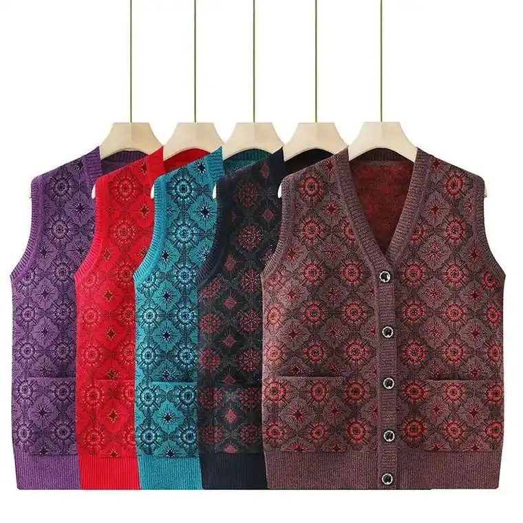 老年人春秋马甲奶奶背心毛衣马夹针织开衫坎肩老太太衣服秋冬外套
