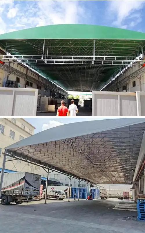 厂家定做电动推拉棚仓库悬空遮雨蓬自动伸缩推拉篷大型户外雨棚