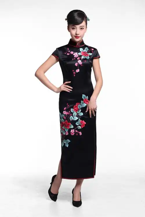 雀之恋 柔情 2017春夏新品绣花复古改良时尚修身显瘦真丝长旗袍女_不