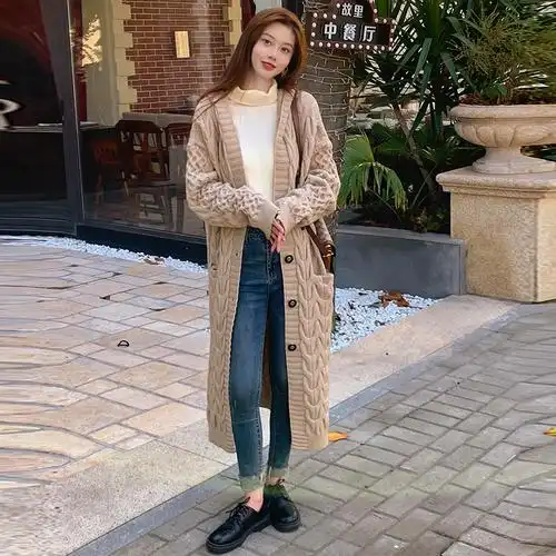 韩版中长款毛衣开衫外套秋冬慵懒女装欧货2023连帽毛针织衫 原价239元