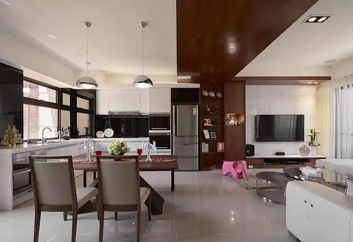 现代风开放式厨房客厅餐厅一体效果图