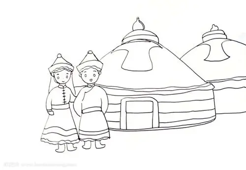 先画两个少数民族的小朋友,后面画两个蒙古包,再画出群山和草原