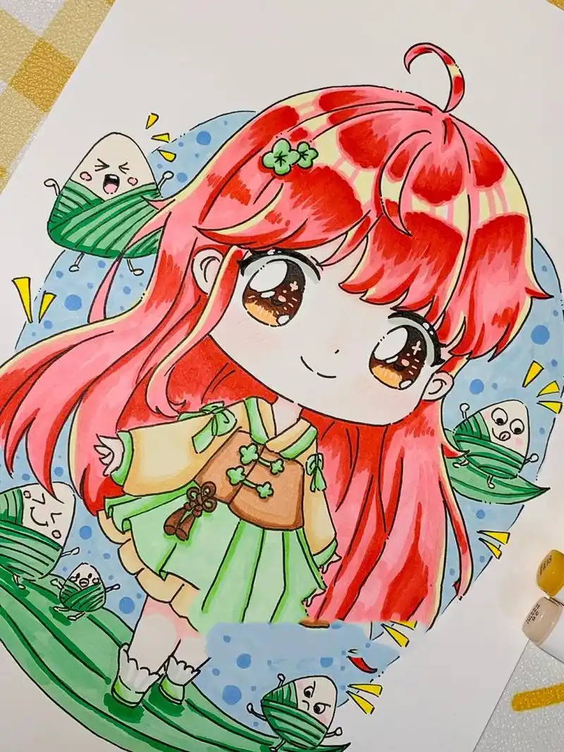 q版动漫绘画/马克笔手绘/端午粽子女孩 7815喜欢的可以点赞收藏哦