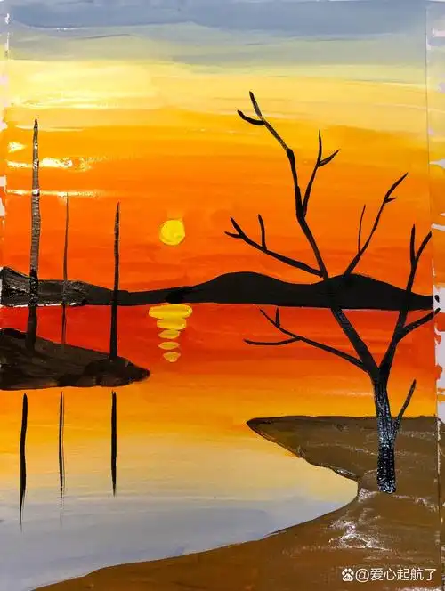 儿童丙烯水粉画风景《秋天落日》教程 这张画很简单适合7岁以上 水粉