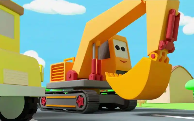 工程车动画:挖掘机赶去比赛场