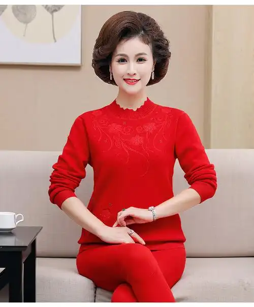 老年人本命年内衣套装女奶奶红色中年妈妈大红秋衣保暖衣加厚加绒