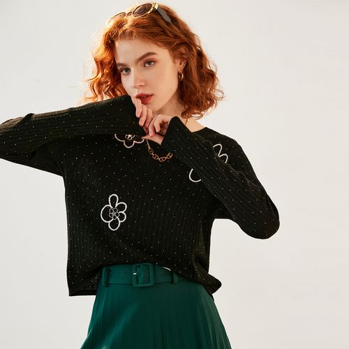 【时髦烫钻】圆领羊毛衫女春季100%绵羊毛花朵绣花针织衫毛衣