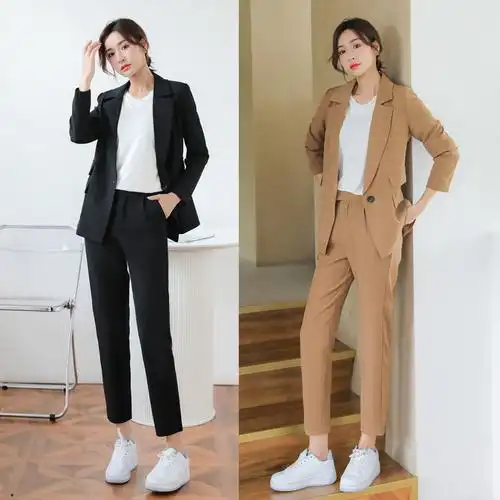 春季时尚休闲西装职业套装女150cm155小个子穿搭配显高洋气两件套