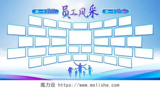 蓝色水彩水墨时尚大气简约员工风采照片墙展板