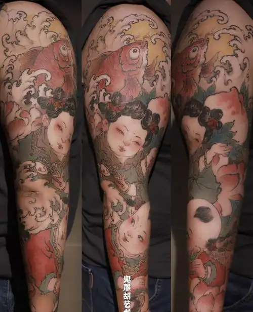 金玉满堂纹身图片_手臂水墨新传统中国风人物纹身图案