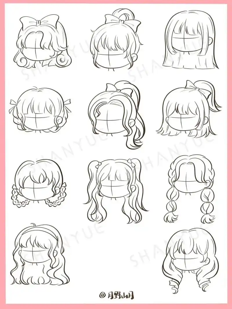 q版女生发型画法合集|女孩头发插画线稿素材 一组常见的女生发型合集