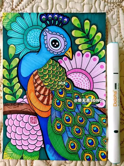 原创马克笔画儿童画 美丽的孔雀 孔雀08#多乐绘马克笔  #装饰画