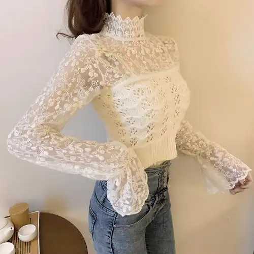 实拍# 新款喇叭袖蕾丝打底衫内搭洋气蕾丝花边上衣