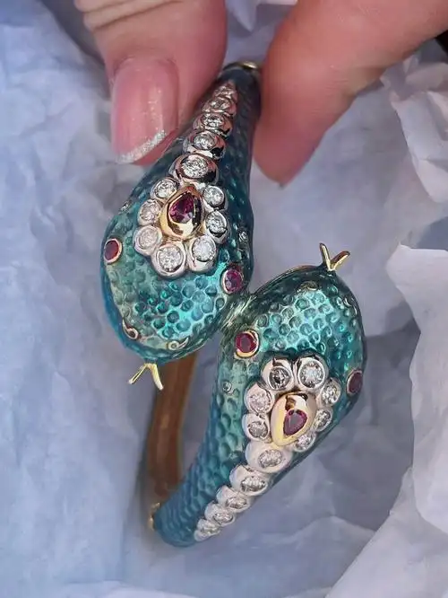 14k金红宝钻石珐琅彩蛇手镯76意大利珠宝