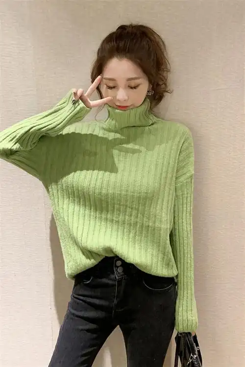 秋冬季新款高领长袖套头针织衫女加厚保暖毛衣宽松慵懒风上衣女