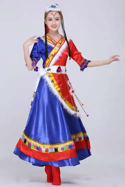 藏族舞蹈服新款少数民族服装表演服水袖演出服束腰斜摆长短群女装